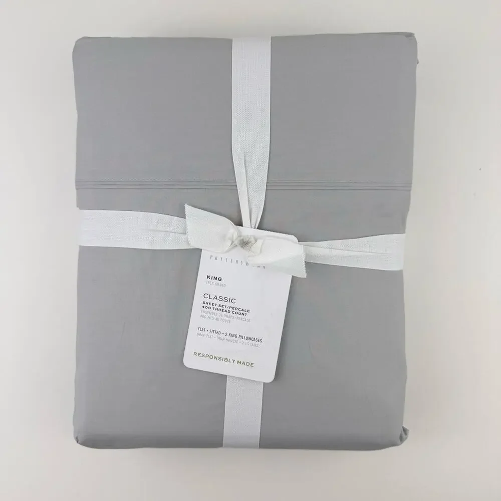 Pottery Barn Sheet Set KING Classic Gray Mist 400 Thread Count Organic Percale